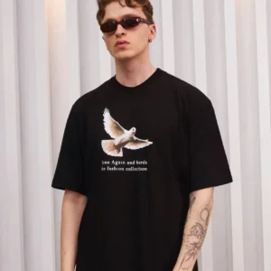 Unisex Bisiklet Yaka Baskılı Oversize T-Shirt - Siyah