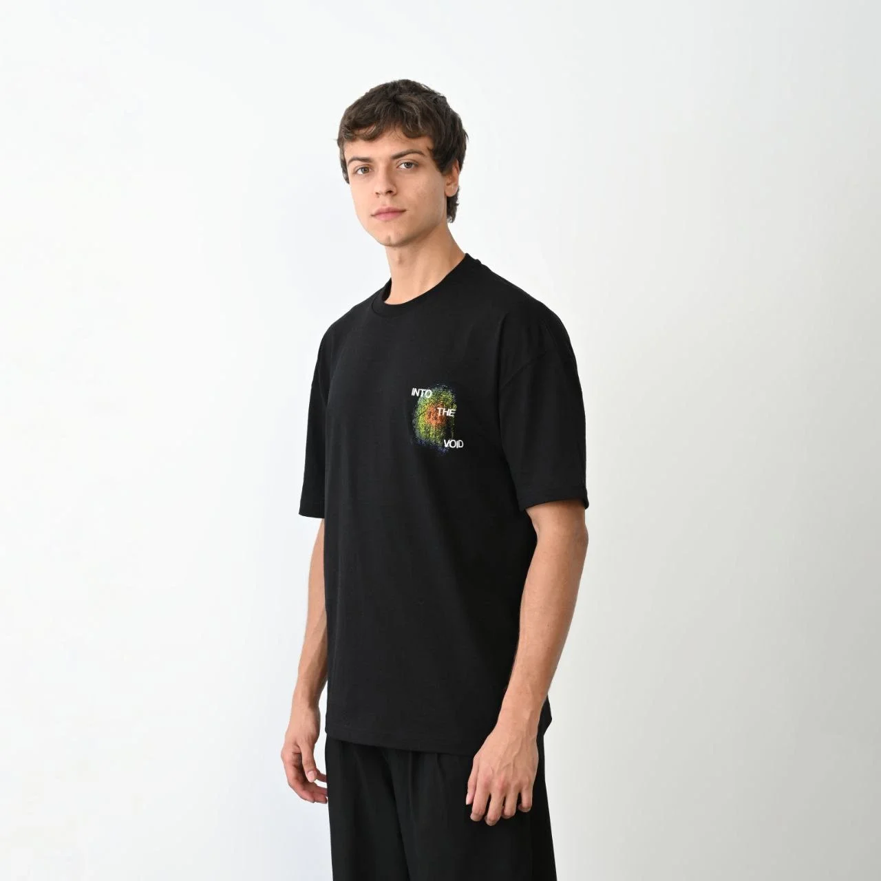 Unisex Bisiklet Yaka Baskılı Oversize T-Shirt - Siyah - Görsel 2