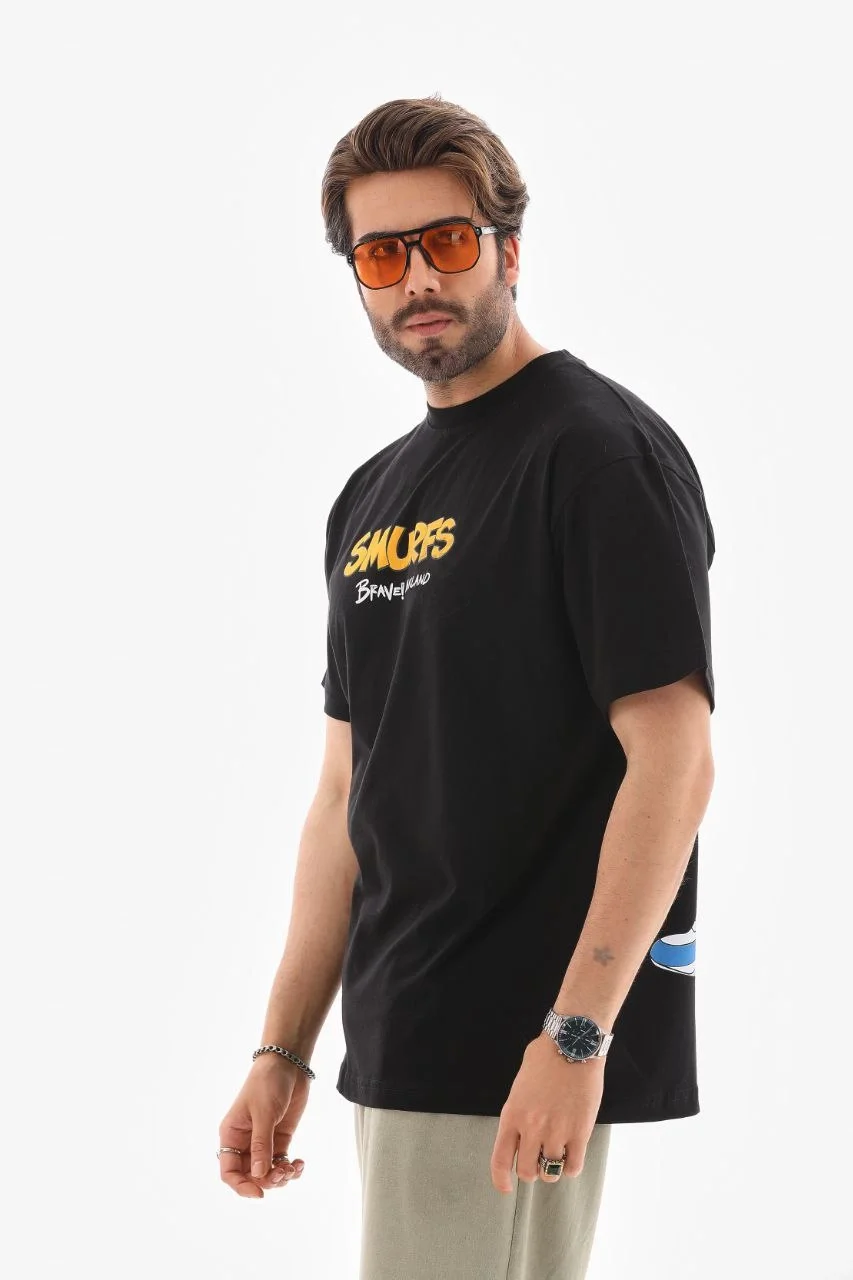 Unisex Bisiklet Yaka Baskılı Oversize T-Shirt - Siyah - Görsel 7