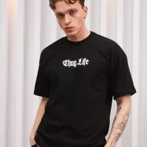 Unisex Bisiklet Yaka Baskılı Oversize T-Shirt - Siyah