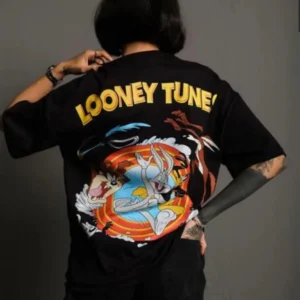 Alternative view of Unisex Bisiklet Yaka Baskılı Oversize T-Shirt - Siyah