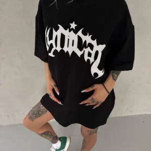 Unisex Bisiklet Yaka Baskılı Oversize T-Shirt - Siyah