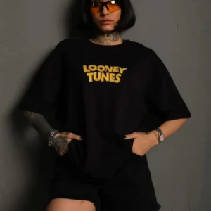 Unisex Bisiklet Yaka Baskılı Oversize T-Shirt - Siyah