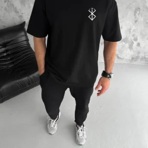 Unisex Bisiklet Yaka Baskılı Oversize T-Shirt - Siyah