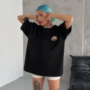 Unisex Bisiklet Yaka Baskılı Oversize T-Shirt - Siyah