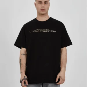 Unisex Bisiklet Yaka Baskılı Oversize T-Shirt - Siyah