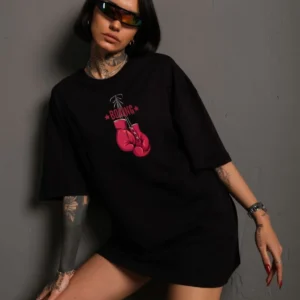 Unisex Bisiklet Yaka Baskılı Oversize T-Shirt - Siyah