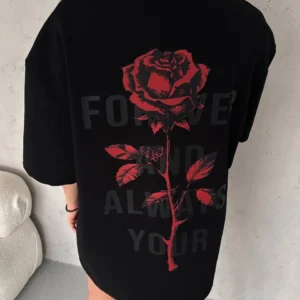 Alternative view of Unisex Bisiklet Yaka Baskılı Oversize T-Shirt - Siyah