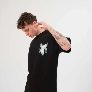 Alternative view of Unisex Bisiklet Yaka Baskılı Oversize T-Shirt - Siyah