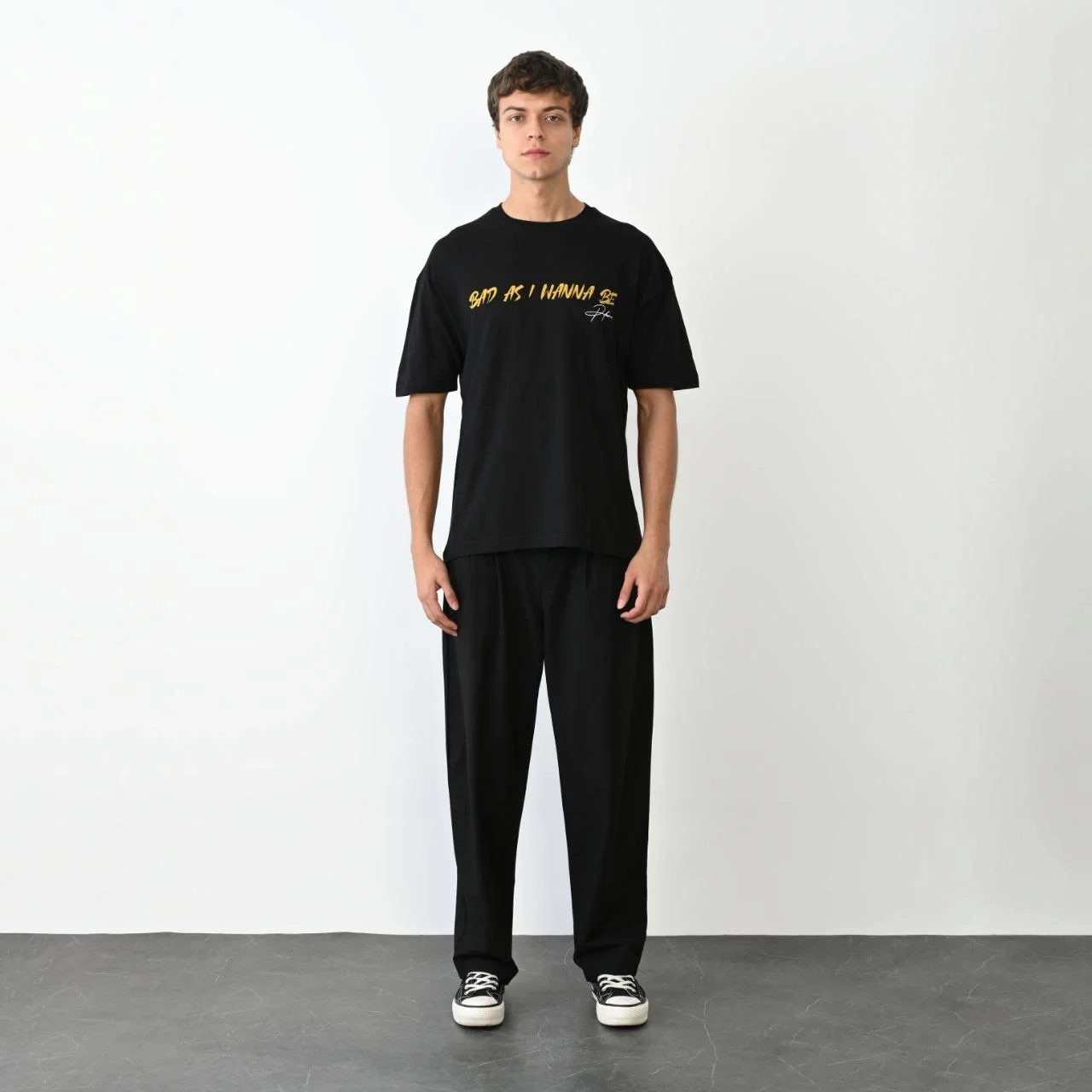 Unisex Bisiklet Yaka Baskılı Oversize T-Shirt - Siyah