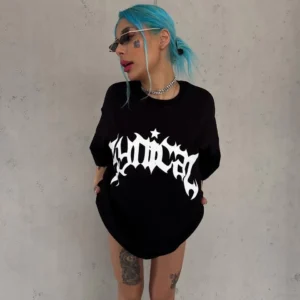 Alternative view of Unisex Bisiklet Yaka Baskılı Oversize T-Shirt - Siyah