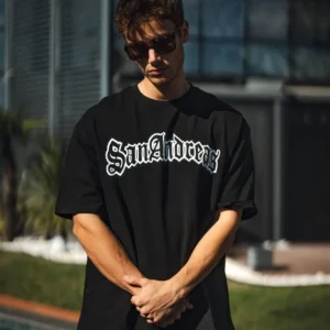 Unisex Bisiklet Yaka Baskılı Oversize T-Shirt - Siyah