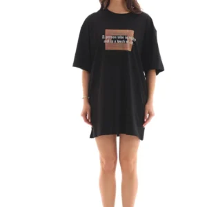 Alternative view of Unisex Bisiklet Yaka Baskılı Oversize T-Shirt - Siyah