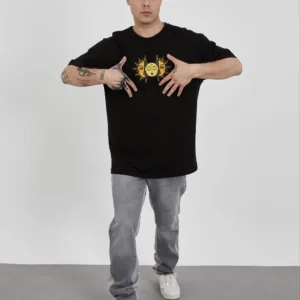 Unisex Bisiklet Yaka Baskılı Oversize T-Shirt - Siyah