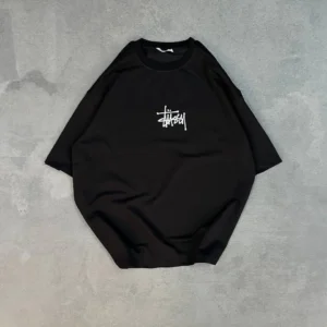 Unisex Bisiklet Yaka Baskılı Oversize T-Shirt - Siyah