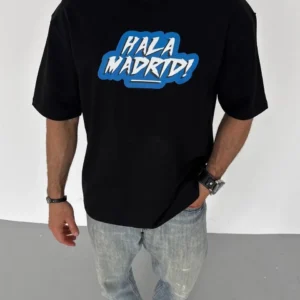 Unisex Bisiklet Yaka Baskılı Oversize T-Shirt - Siyah