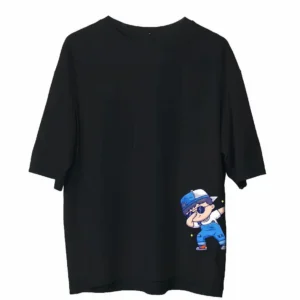 Unisex Bisiklet Yaka Baskılı Oversize T-Shirt - Siyah