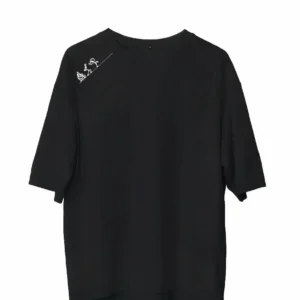 Unisex Bisiklet Yaka Baskılı Oversize T-Shirt - Siyah