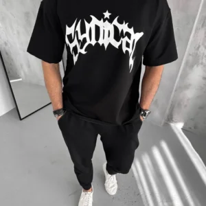 Unisex Bisiklet Yaka Baskılı Oversize T-Shirt - Siyah