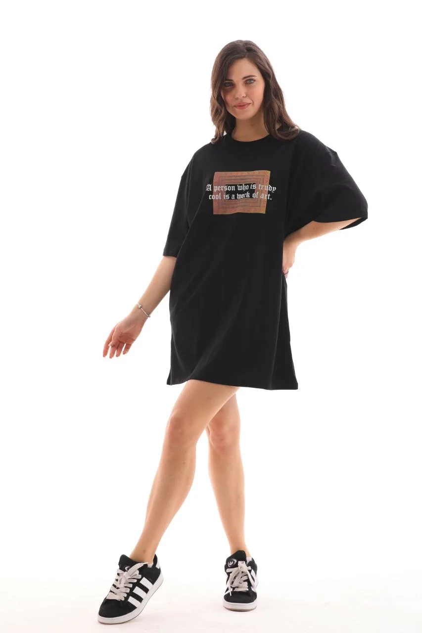 Unisex Bisiklet Yaka Baskılı Oversize T-Shirt - Siyah - Görsel 3