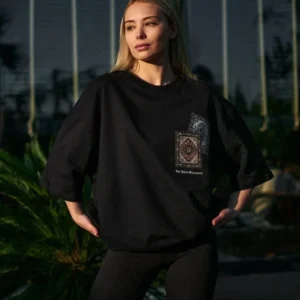 Unisex Bisiklet Yaka Baskılı Oversize T-Shirt - Siyah