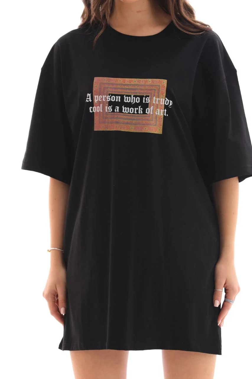 Unisex Bisiklet Yaka Baskılı Oversize T-Shirt - Siyah - Görsel 5