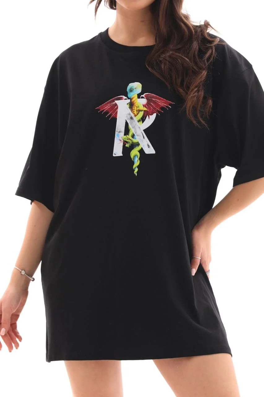 Unisex Bisiklet Yaka Baskılı Oversize T-Shirt - Siyah - Görsel 5