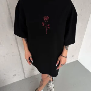 Unisex Bisiklet Yaka Baskılı Oversize T-Shirt - Siyah