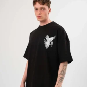 Unisex Bisiklet Yaka Baskılı Oversize T-Shirt - Siyah