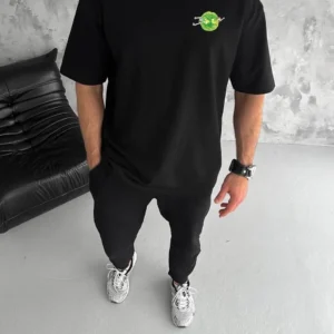 Unisex Bisiklet Yaka Baskılı Oversize T-Shirt - Siyah