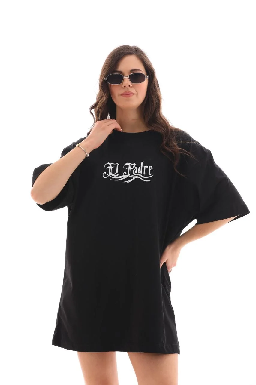 Unisex Bisiklet Yaka Baskılı Oversize T-Shirt - Siyah - Görsel 3