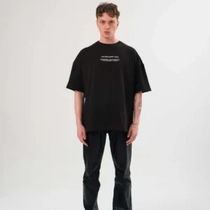 Unisex Bisiklet Yaka Baskılı Oversize T-Shirt - Siyah