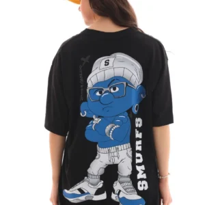 Alternative view of Unisex Bisiklet Yaka Baskılı Oversize T-Shirt - Siyah