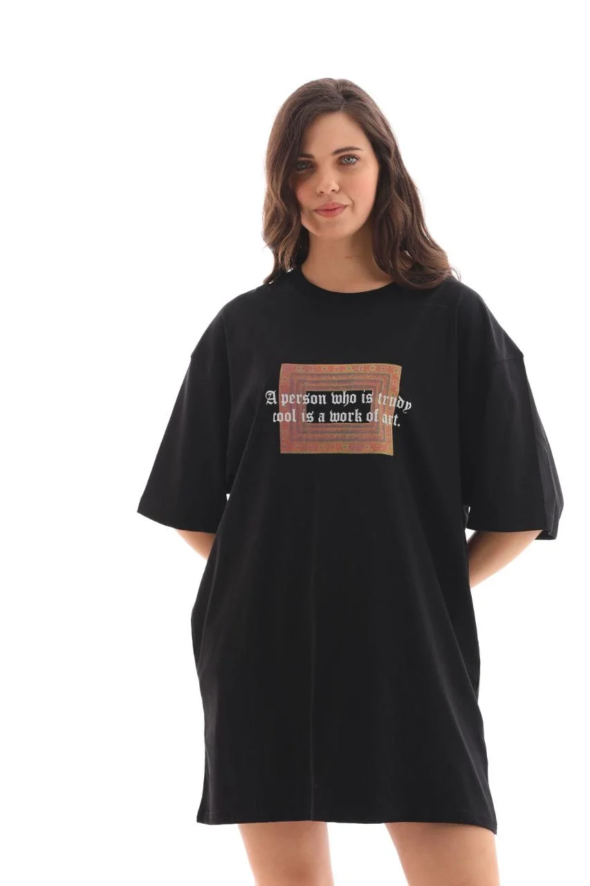 Unisex Bisiklet Yaka Baskılı Oversize T-Shirt - Siyah - Görsel 4