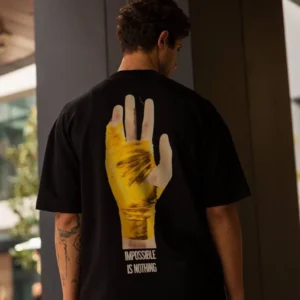 Alternative view of Unisex Bisiklet Yaka Baskılı Oversize T-Shirt - Siyah