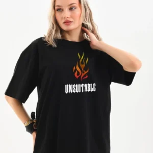 Unisex Bisiklet Yaka Baskılı Oversize T-Shirt - Siyah