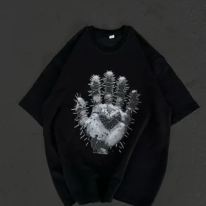 Unisex Bisiklet Yaka Baskılı Oversize T-Shirt - Siyah