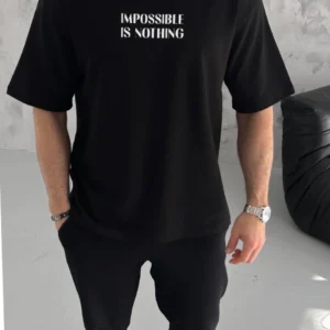 Unisex Bisiklet Yaka Baskılı Oversize T-Shirt - Siyah