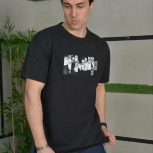 Alternative view of Unisex Bisiklet Yaka Baskılı Oversize T-Shirt - Siyah