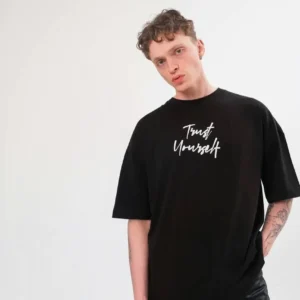 Unisex Bisiklet Yaka Baskılı Oversize T-Shirt - Siyah