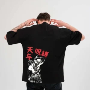 Alternative view of Unisex Bisiklet Yaka Baskılı Oversize T-Shirt - Siyah