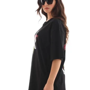 Alternative view of Unisex Bisiklet Yaka Baskılı Oversize T-Shirt - Siyah