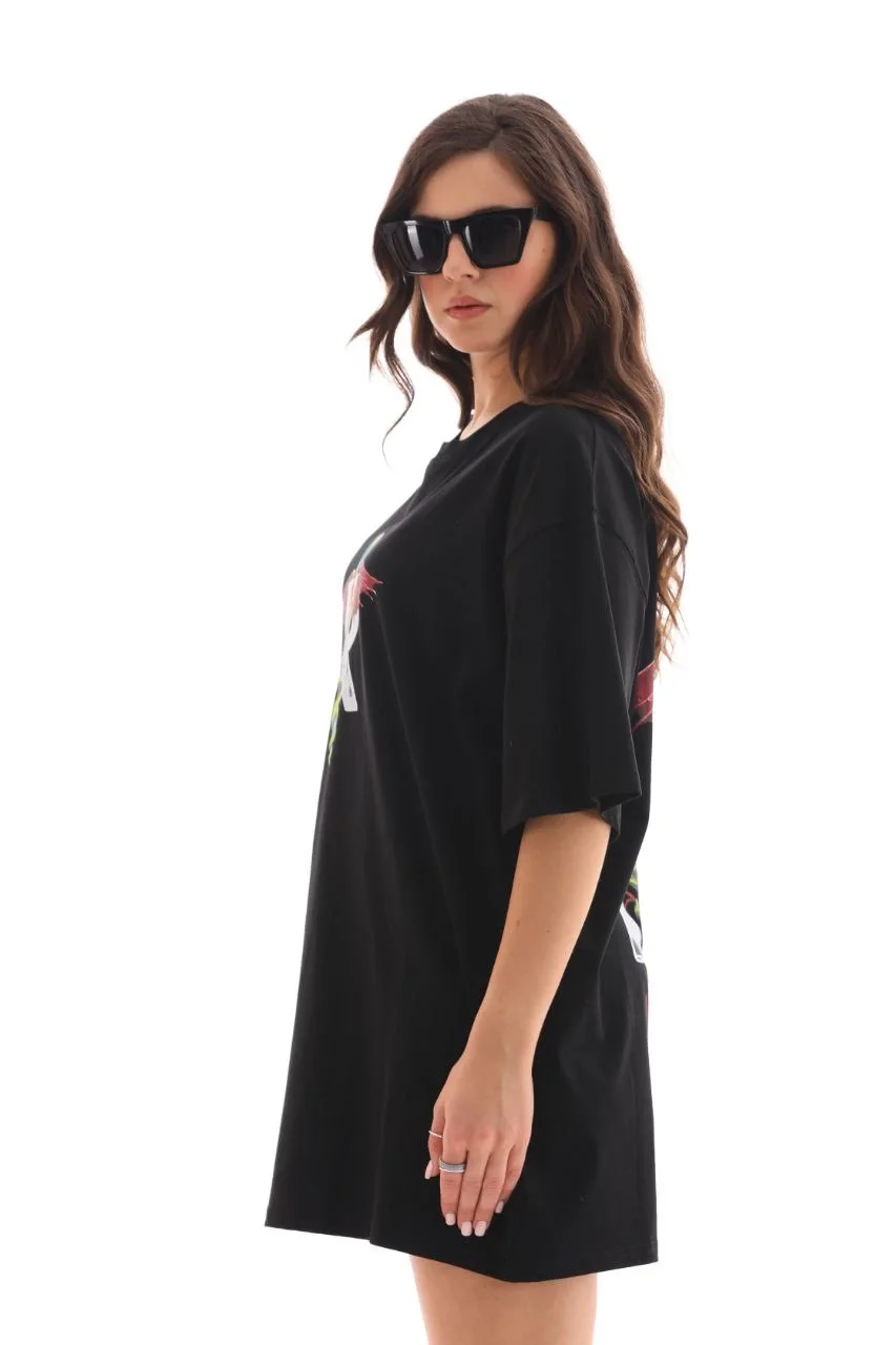 Unisex Bisiklet Yaka Baskılı Oversize T-Shirt - Siyah - Görsel 2