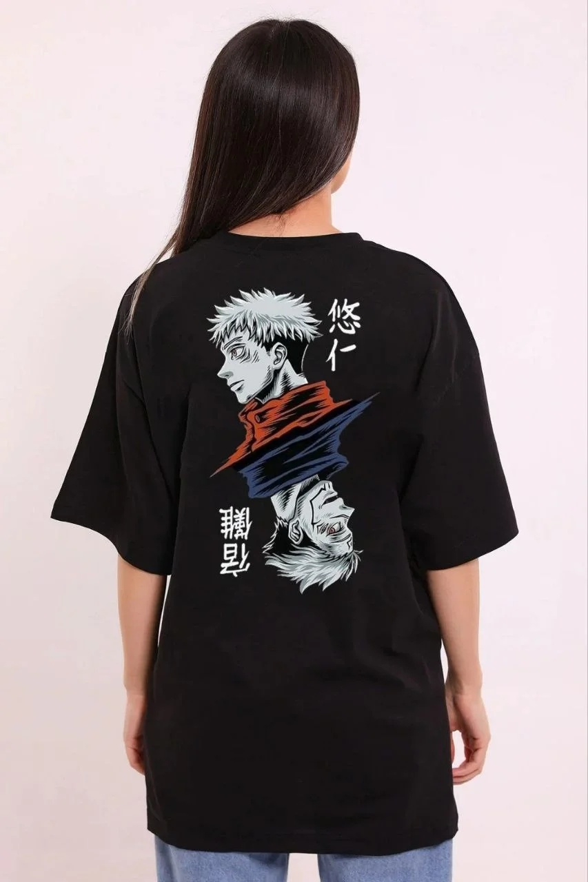 Unisex Bisiklet Yaka Baskılı Oversize T-Shirt - Siyah - Görsel 2