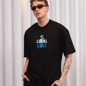 Unisex Bisiklet Yaka Baskılı Oversize T-Shirt - Siyah