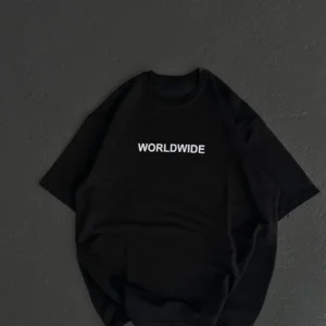 Unisex Bisiklet Yaka Baskılı Oversize T-Shirt - Siyah