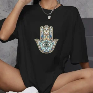 Unisex Bisiklet Yaka Baskılı Oversize T-Shirt - Siyah