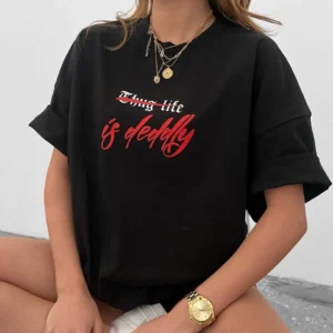 Unisex Bisiklet Yaka Baskılı Oversize T-Shirt - Siyah