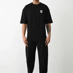 Unisex Bisiklet Yaka Baskılı Oversize T-Shirt - Siyah