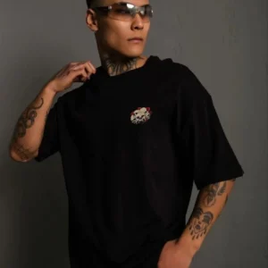 Unisex Bisiklet Yaka Baskılı Oversize T-Shirt - Siyah